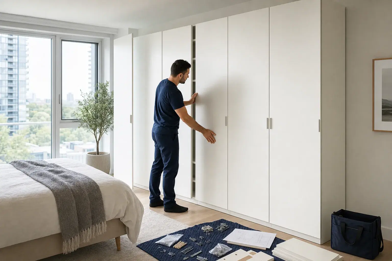 Technician checking the alignment of a tall modular wardrobe in a Toronto bedroom
