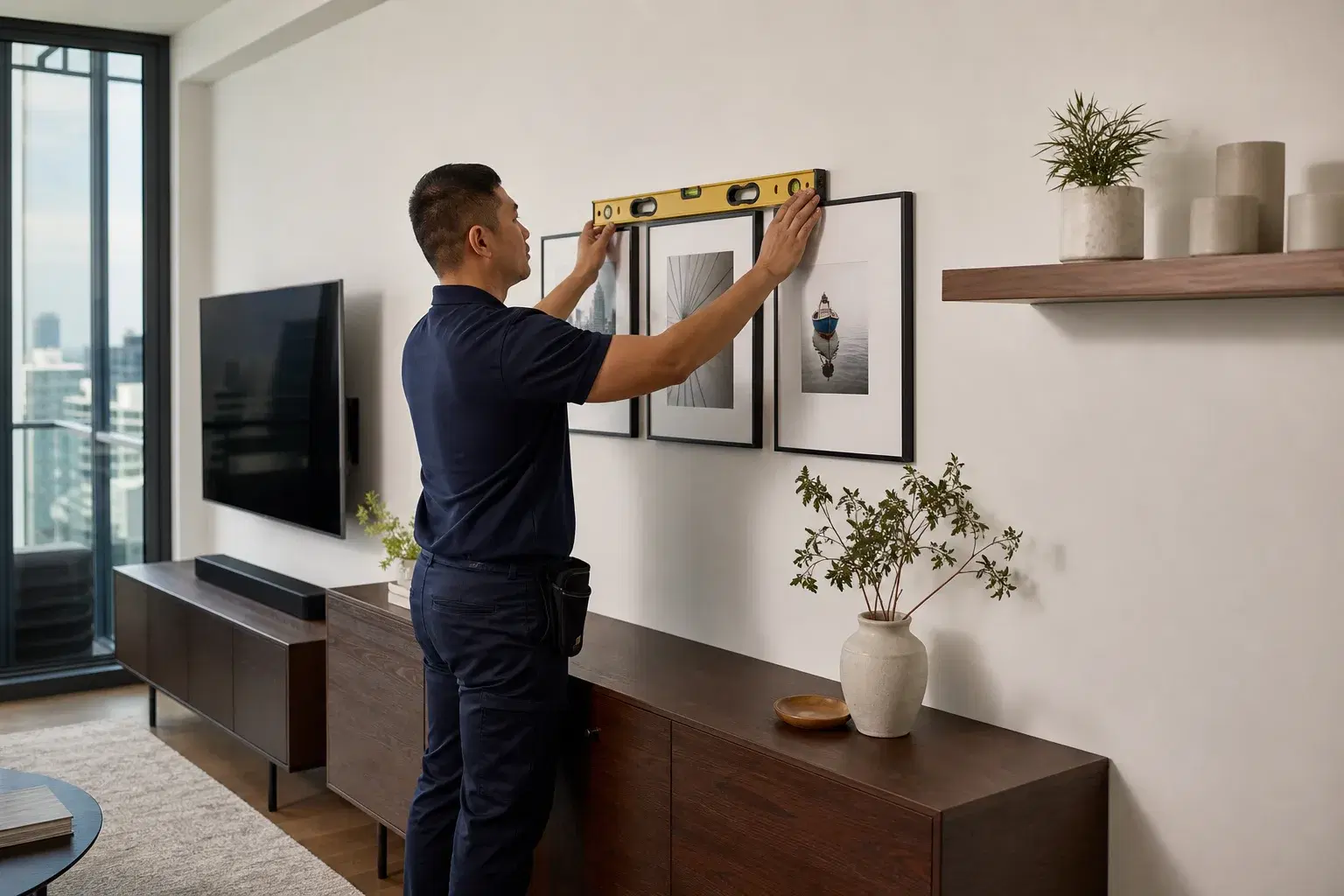 Technician levelling framed artwork above a sideboard in a Toronto condo