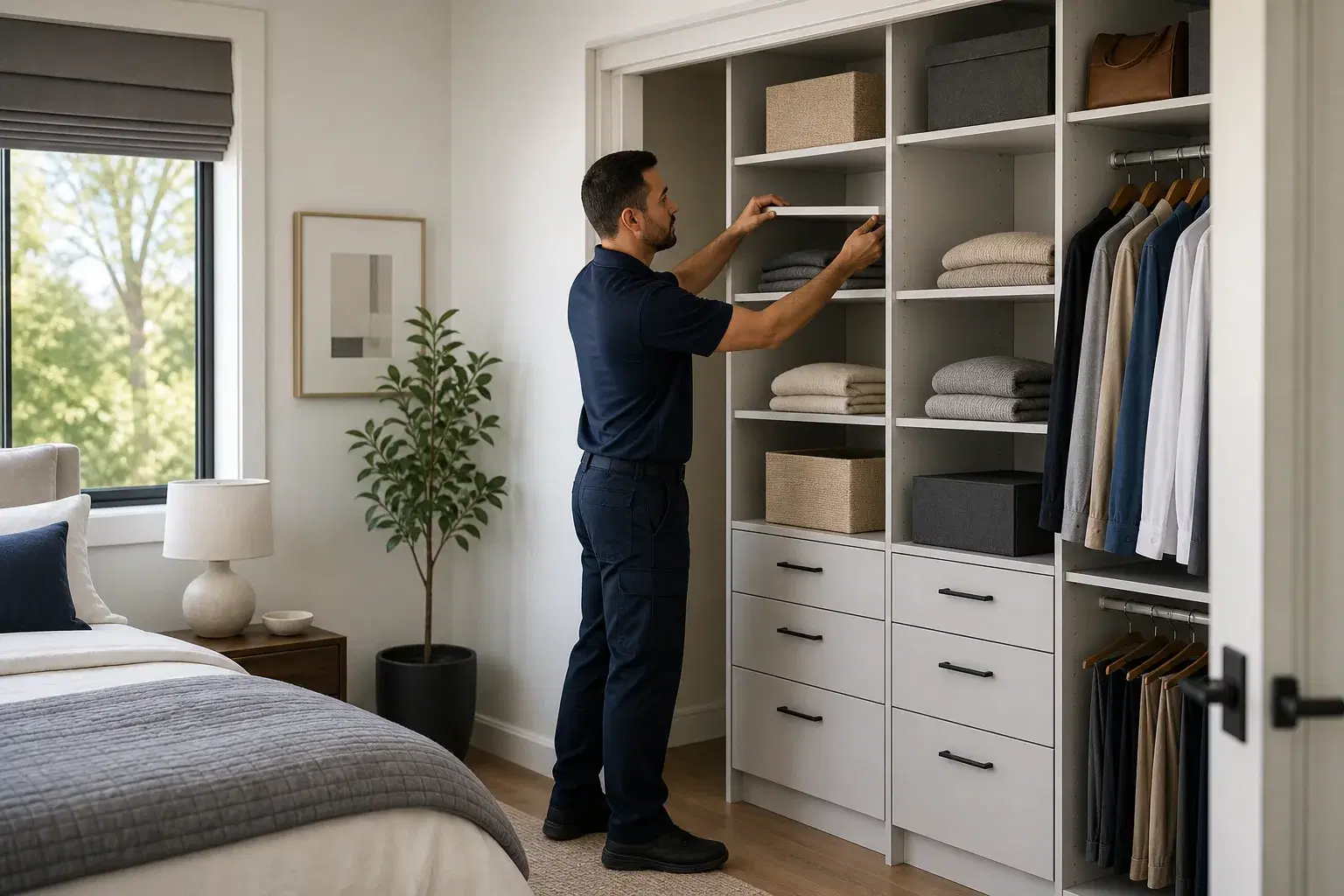 Technician adjusting shelving in a modular bedroom closet system