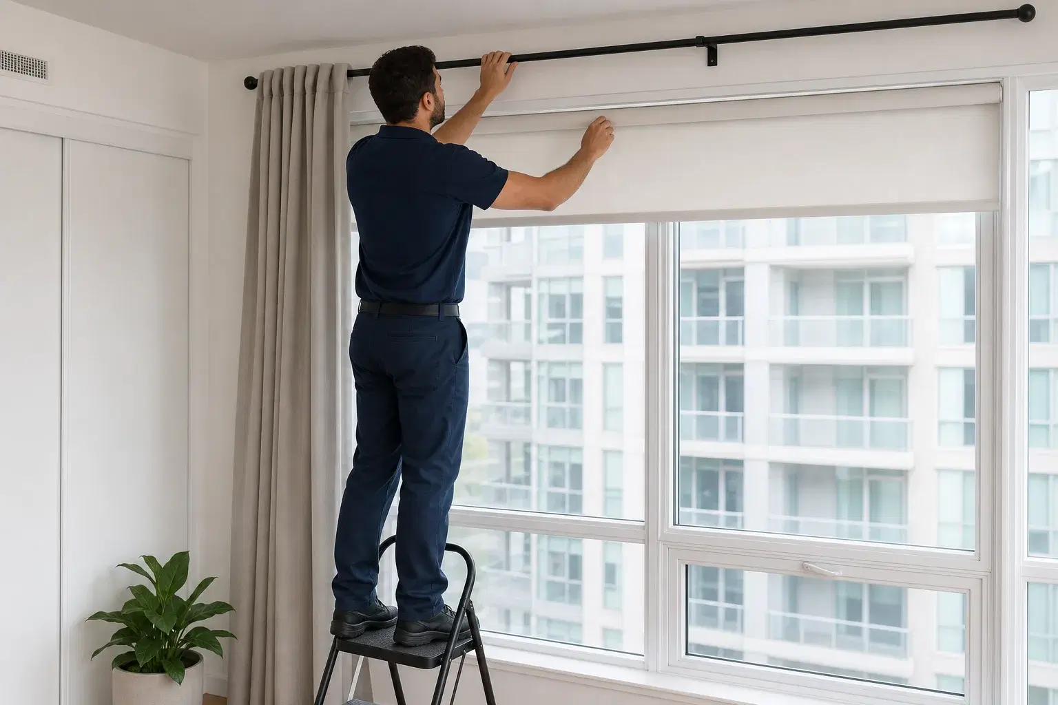 Technician checking a curtain rod and roller blind above a Toronto condo window