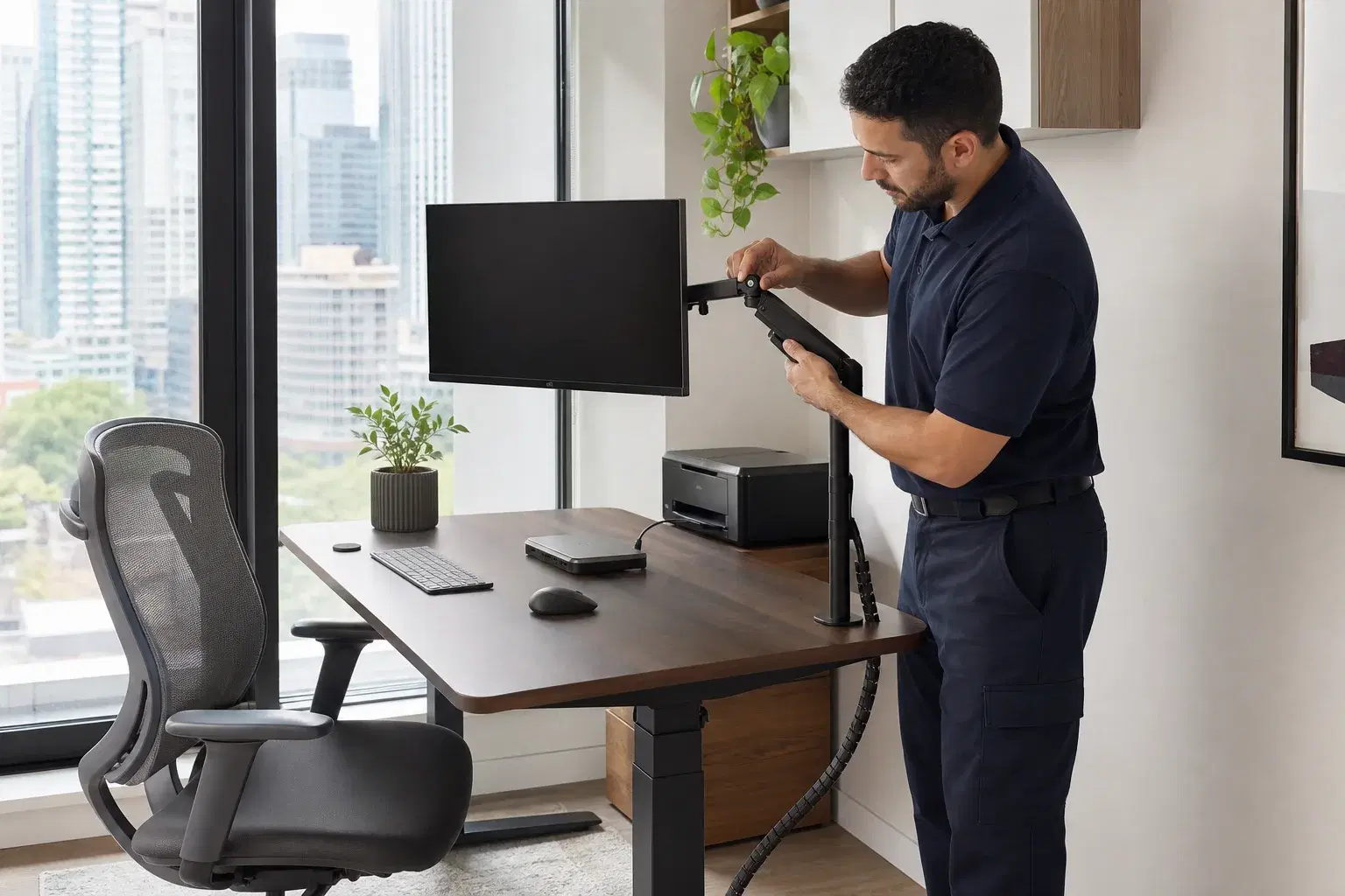 Technician adjusting a monitor arm at a finished Toronto condo home office